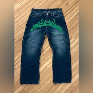 Men's Blue Jeans with Green Graphic
